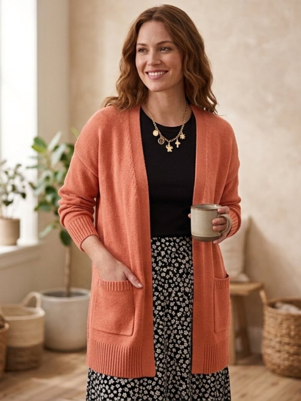 Gap Salmon Open Front Pockets Knit Long 100% Cotton Cardigan Sweater Oversize S